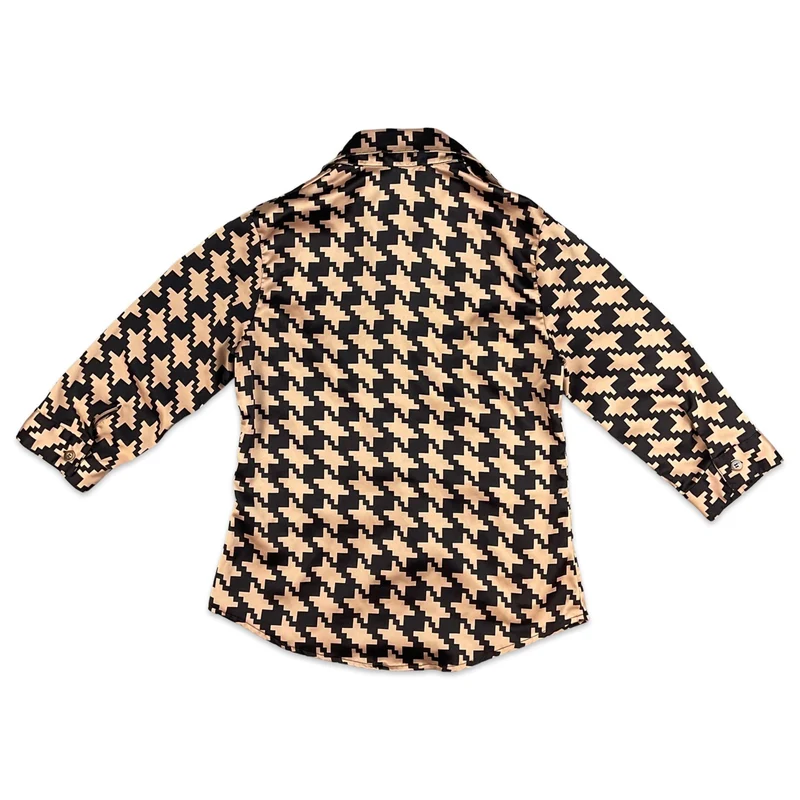 Vintage 90s Brown Cream Houndstooth Fitted Blouse 8 10