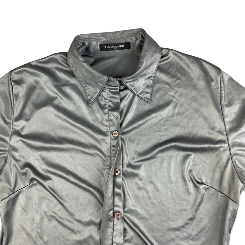 Vintage 90s Grey Silver Metallic Fitted Blouse 10 12 14