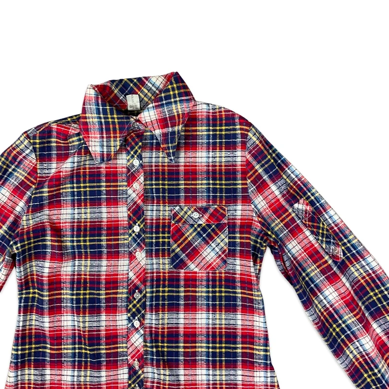 Vintage 70s Red White & Blue Check Dagger Collar Blouse 6 8