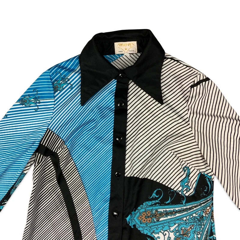 Vintage Black & Blue Floral Striped Print Blouse 8 10