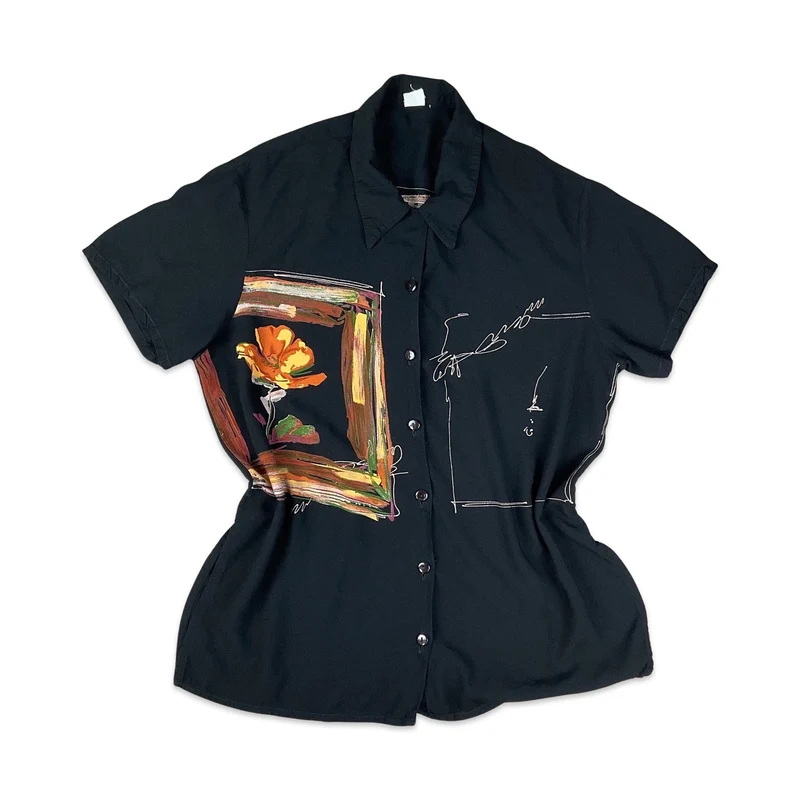 Vintage 80s 90s Black Graphic Print Shirt Blouse 12 14 16