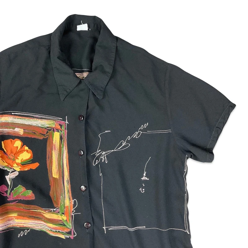 Vintage 80s 90s Black Graphic Print Shirt Blouse 12 14 16