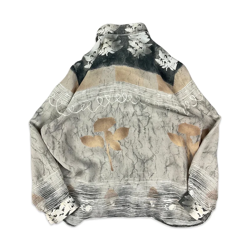Vintage 90s Y2K Abstract Print Grey, Black, and Beige Shirt Blouse 14 16