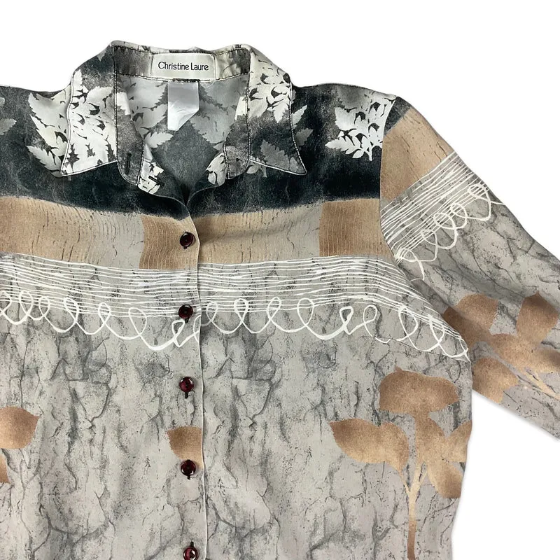 Vintage 90s Y2K Abstract Print Grey, Black, and Beige Shirt Blouse 14 16