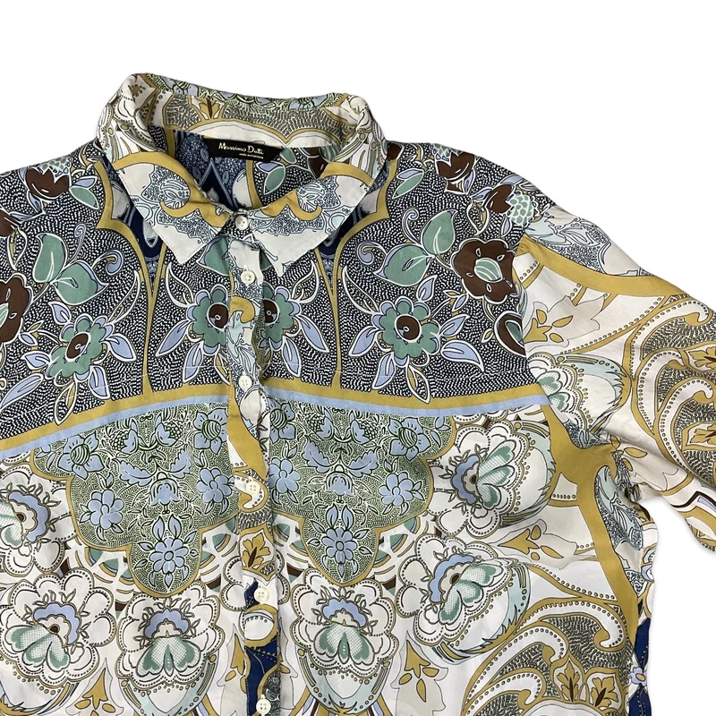 Vintage 90s Y2K Abstract Floral Print White, Teal, Blue, and Beige Shirt Blouse