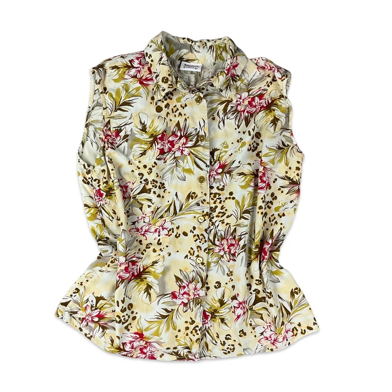 Vintage Beige Brown & Red Floral Botanical Print Sleeveless Blouse 10 12