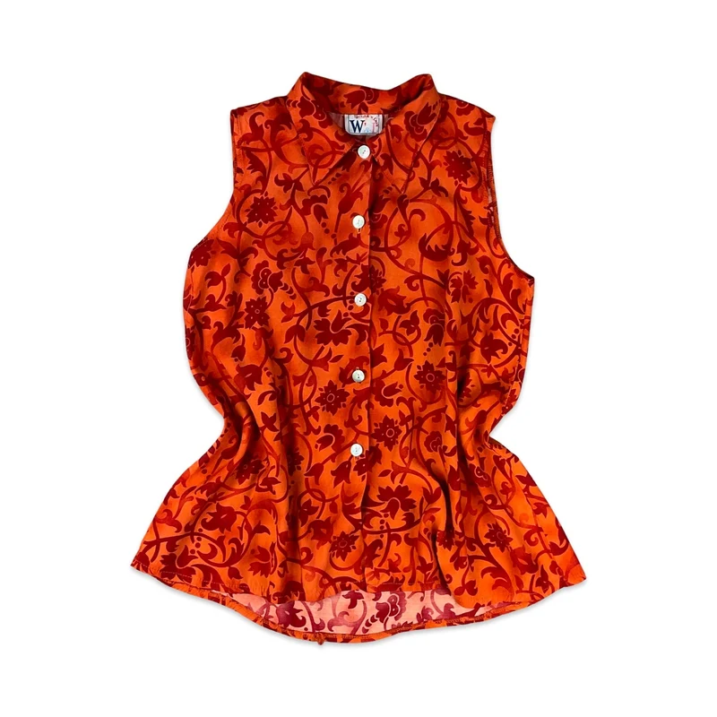 Vintage 90s Y2K Orange & Brown Botanical Print Sleeveless Blouse 10 12