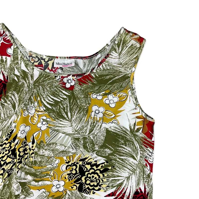 Vintage Green White & Yellow Botanical Print Sleeveless Blouse 10 12