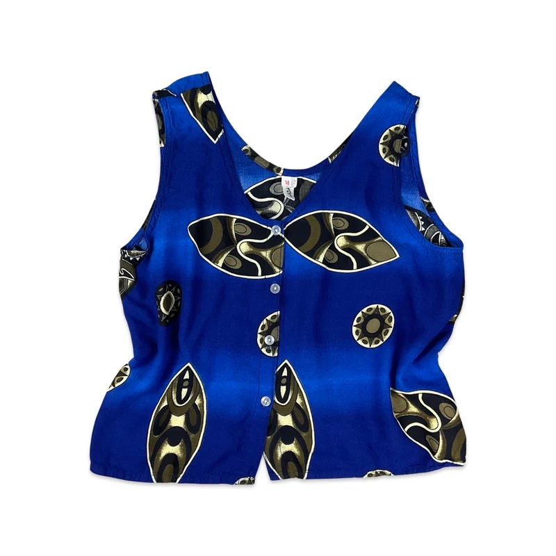 Vintage 90s Blue & Black Abstract Print Sleeveless Blouse 8 10