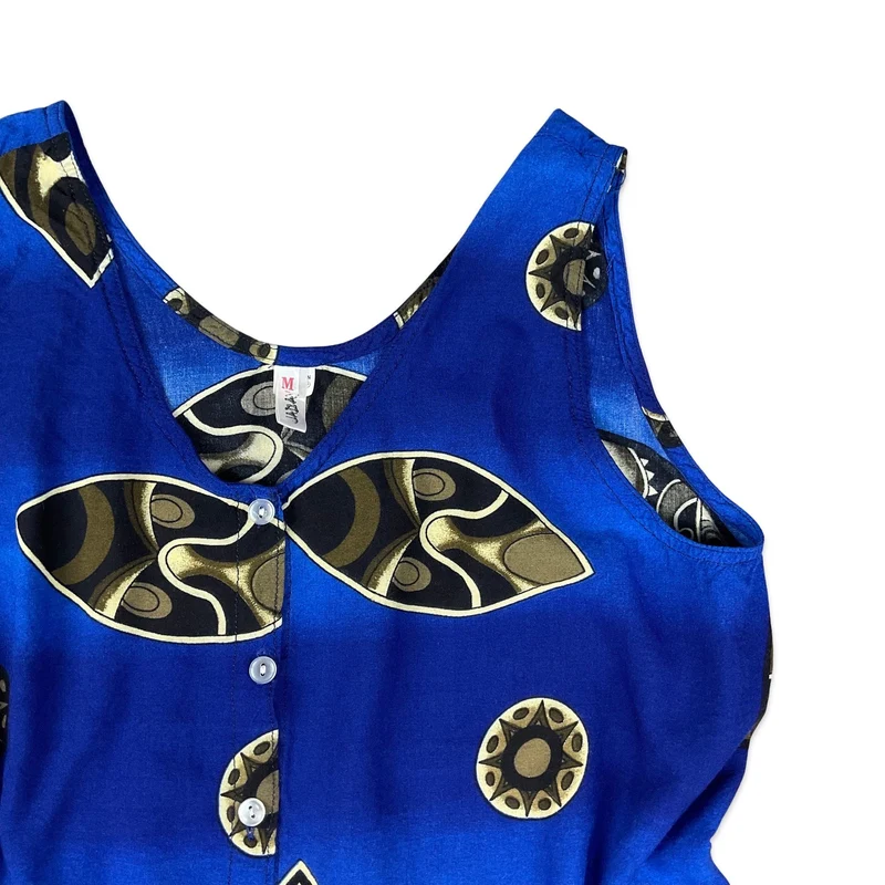 Vintage 90s Blue & Black Abstract Print Sleeveless Blouse 8 10