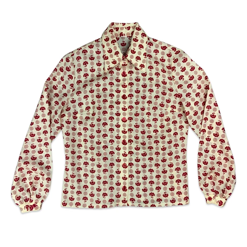 Vintage 70s Cream & Red Floral Print Blouse 12 14