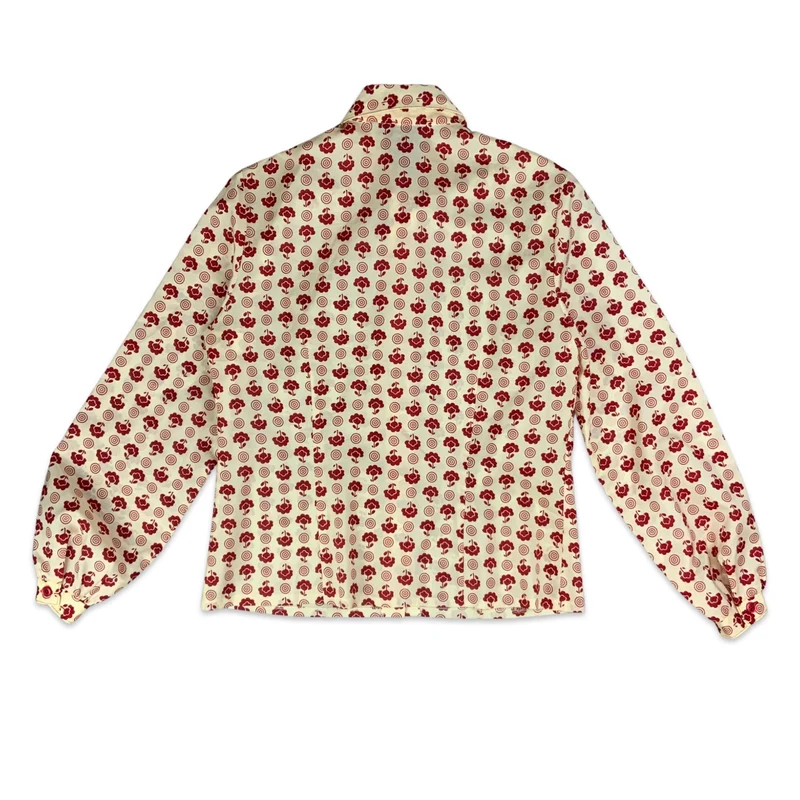Vintage 70s Cream & Red Floral Print Blouse 12 14