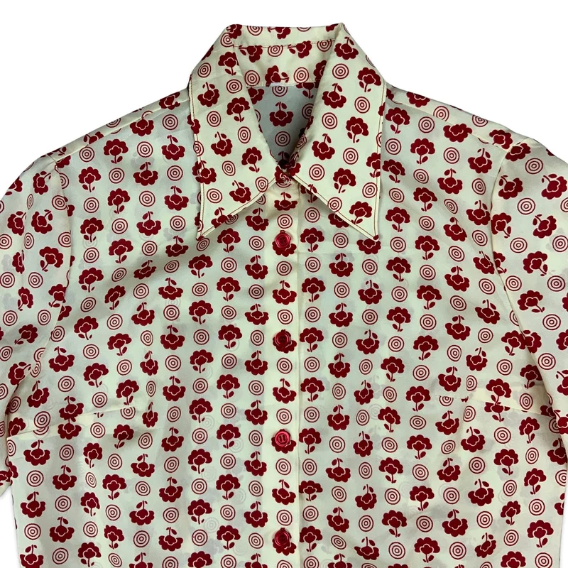 Vintage 70s Cream & Red Floral Print Blouse 12 14