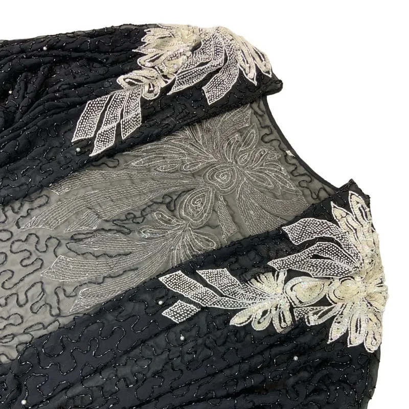 Vintage Black Sheer Beaded White Bow Open Front Cardigan Jacket M L