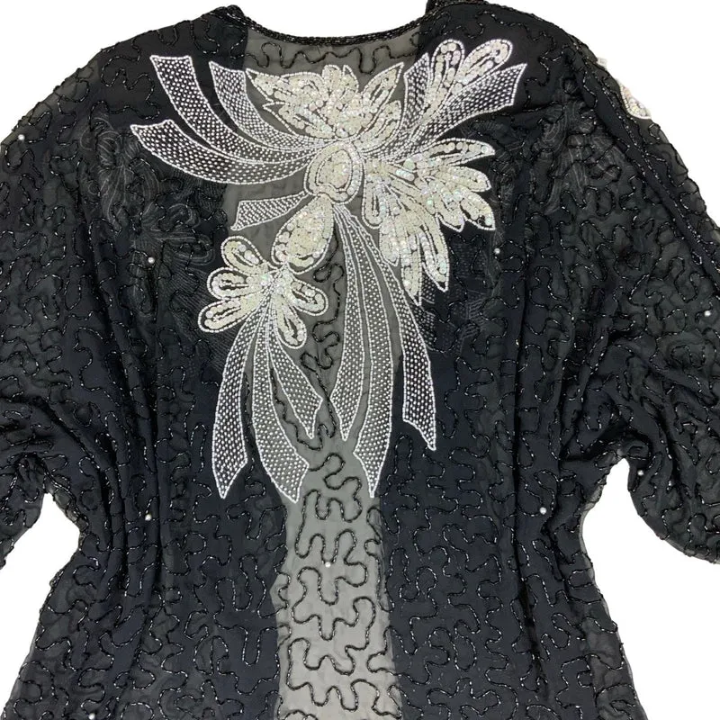 Vintage Black Sheer Beaded White Bow Open Front Cardigan Jacket M L