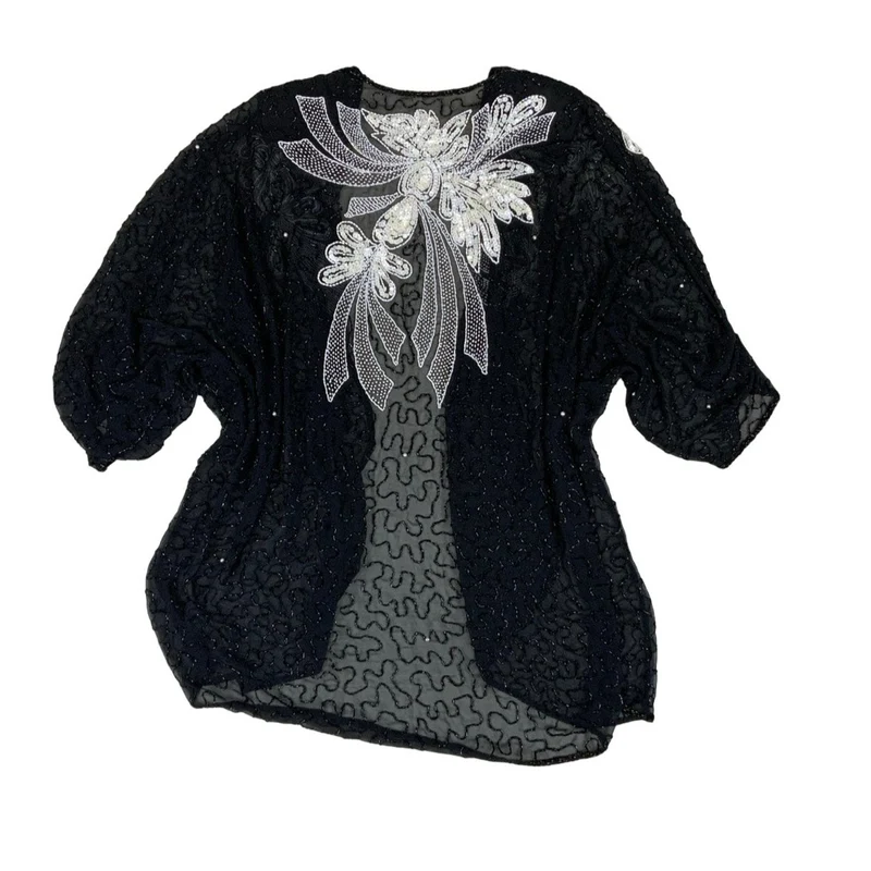 Vintage Black Sheer Beaded White Bow Open Front Cardigan Jacket M L