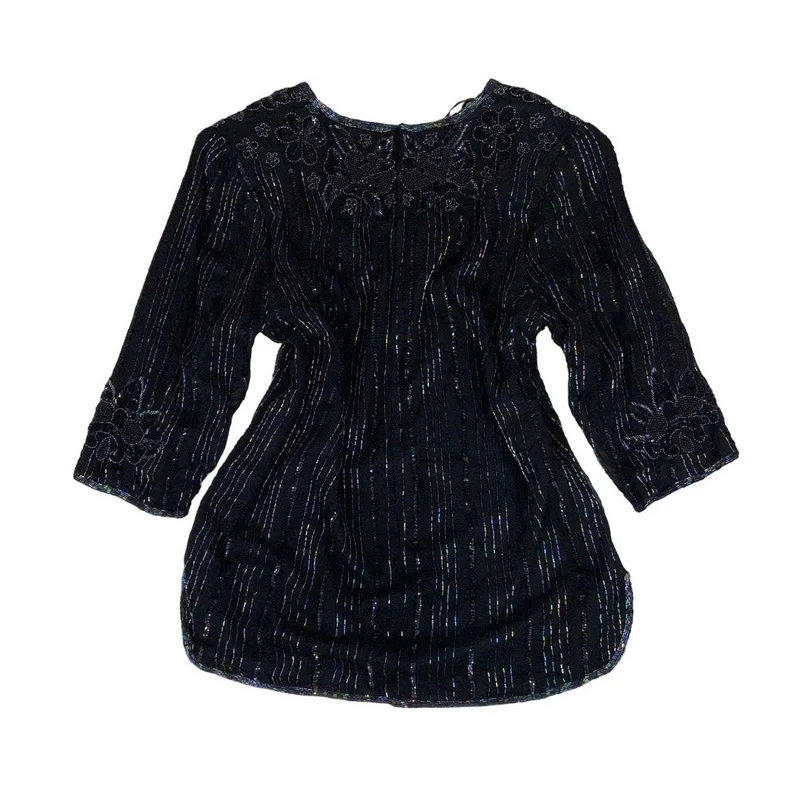 Vintage ‘American Style’ Black Rainbow Bead Sheer Blouse Top M 14 16