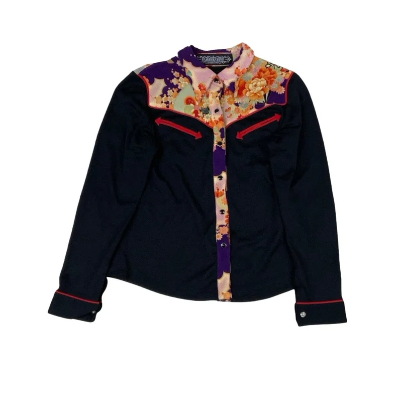 Vintage ‘Dammflapper’ Black Red Floral Kimono Western Shirt XS 6 8