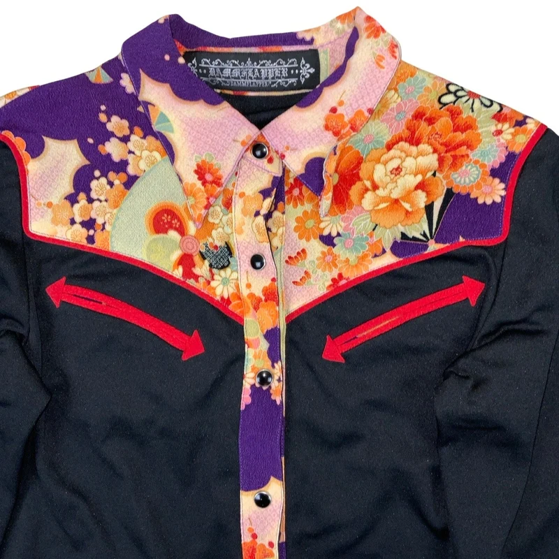 Vintage ‘Dammflapper’ Black Red Floral Kimono Western Shirt XS 6 8