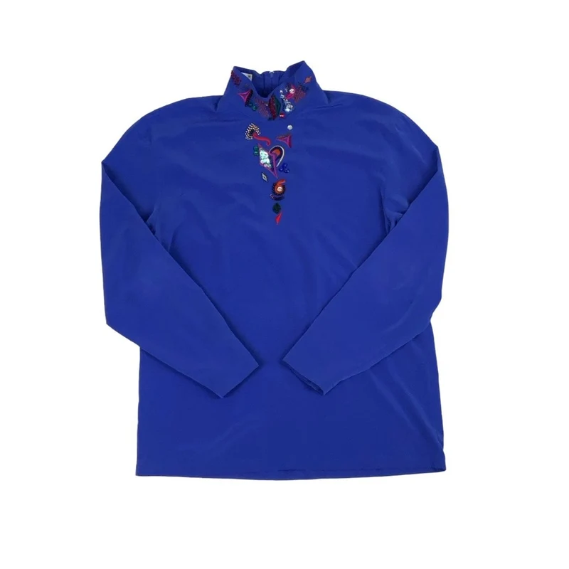 Vintage 'Yarell' Blue Geometric Pattern Beaded Blouse M 12 14