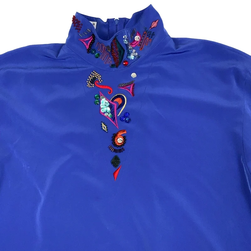 Vintage 'Yarell' Blue Geometric Pattern Beaded Blouse M 12 14