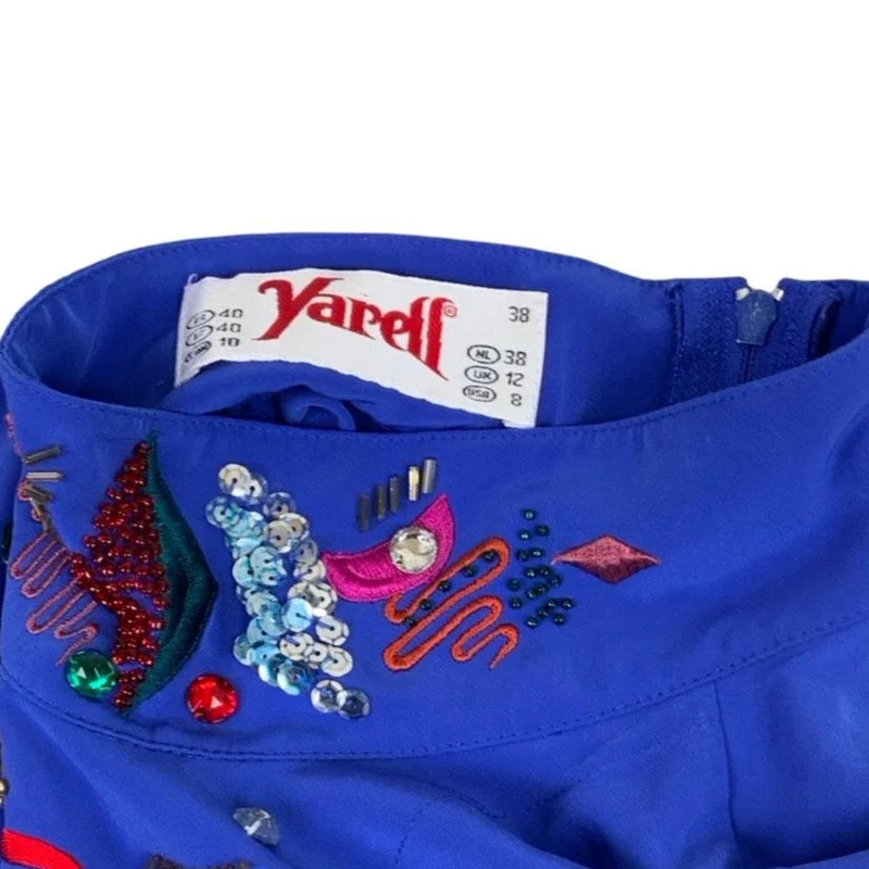 Vintage 'Yarell' Blue Geometric Pattern Beaded Blouse M 12 14