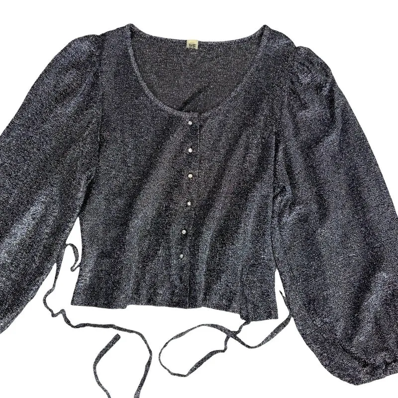 Silver Black Balloon Sleeve Crop Blouse Top S 10 12