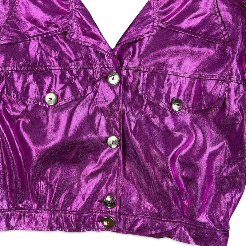 VTG 80S 90S Metallic Bright Pink Lamé Disco Dagger Collar Blouse Shacket 10 12 14