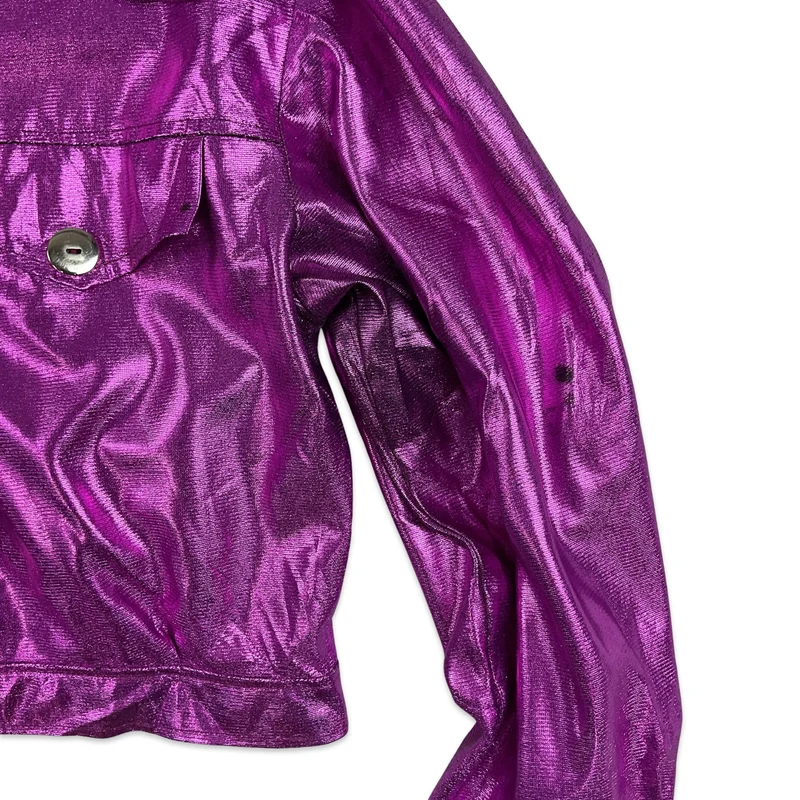 VTG 80S 90S Metallic Bright Pink Lamé Disco Dagger Collar Blouse Shacket 10 12 14