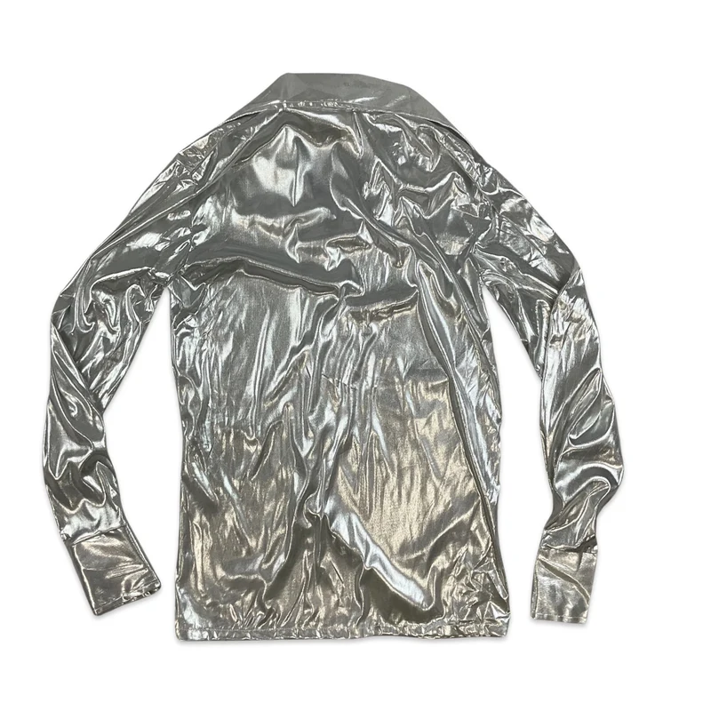 90s Vintage Lamé Silver Metallic Collared Button-up Blouse Shirt 10 12 14