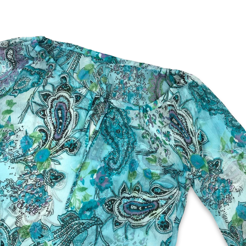 Vintage Y2K Turquoise Paisley Print Long Sleeve Mesh Top 10 12