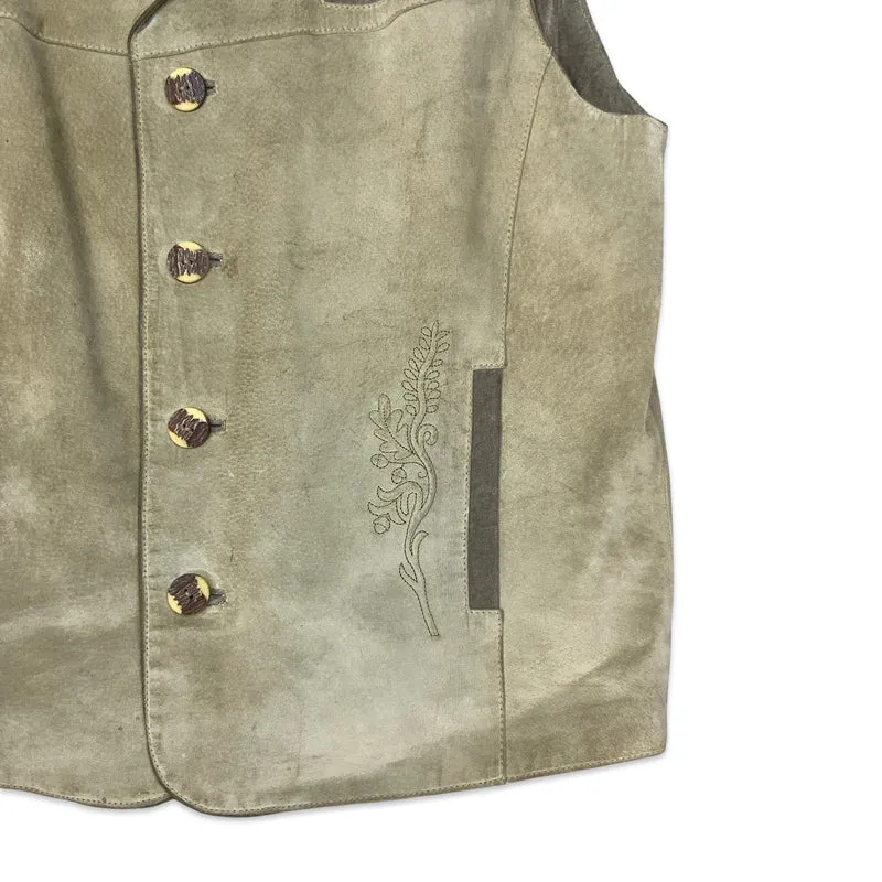 Vintage Unisex Landhaus Suede Beige Traditional Tirol Waistcoat Gilet Mens L