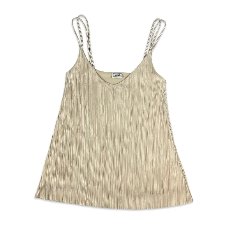 Vintage Champagne Gold Pleated Spaghetti Strap Top 6