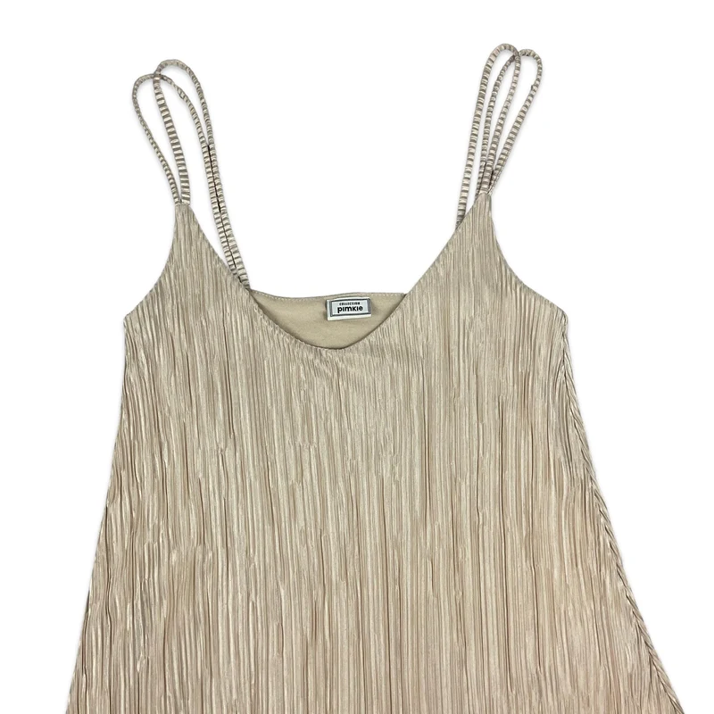 Vintage Champagne Gold Pleated Spaghetti Strap Top 6