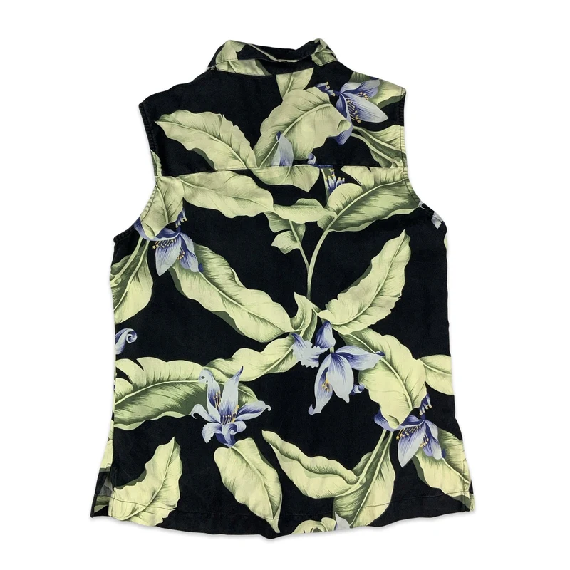 80s Black Purple & Green Floral Sleeveless Blouse