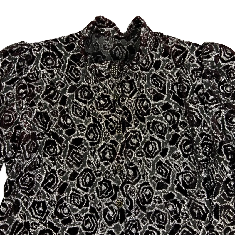 80s Sheer Black & Silver Floral Blouse 10 12 14 16