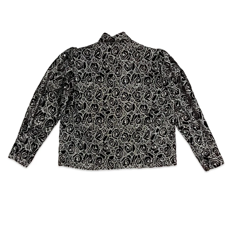 80s Sheer Black & Silver Floral Blouse 10 12 14 16
