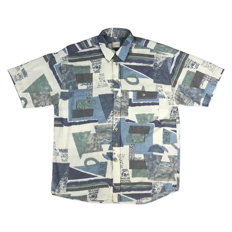 Vintage Canda Blue and White Abstract Print Shirt XL