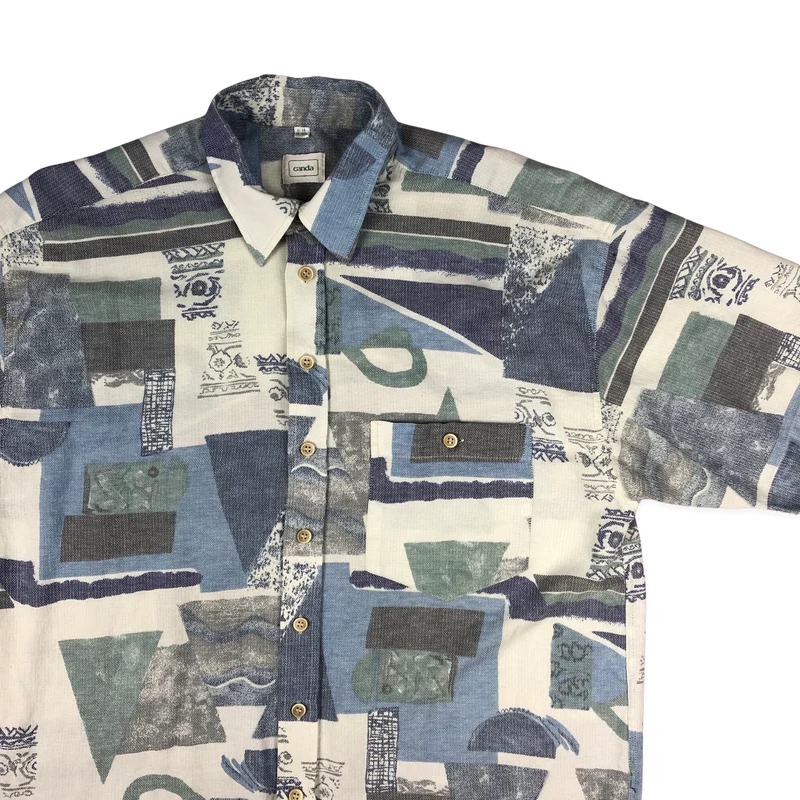 Vintage Canda Blue and White Abstract Print Shirt XL