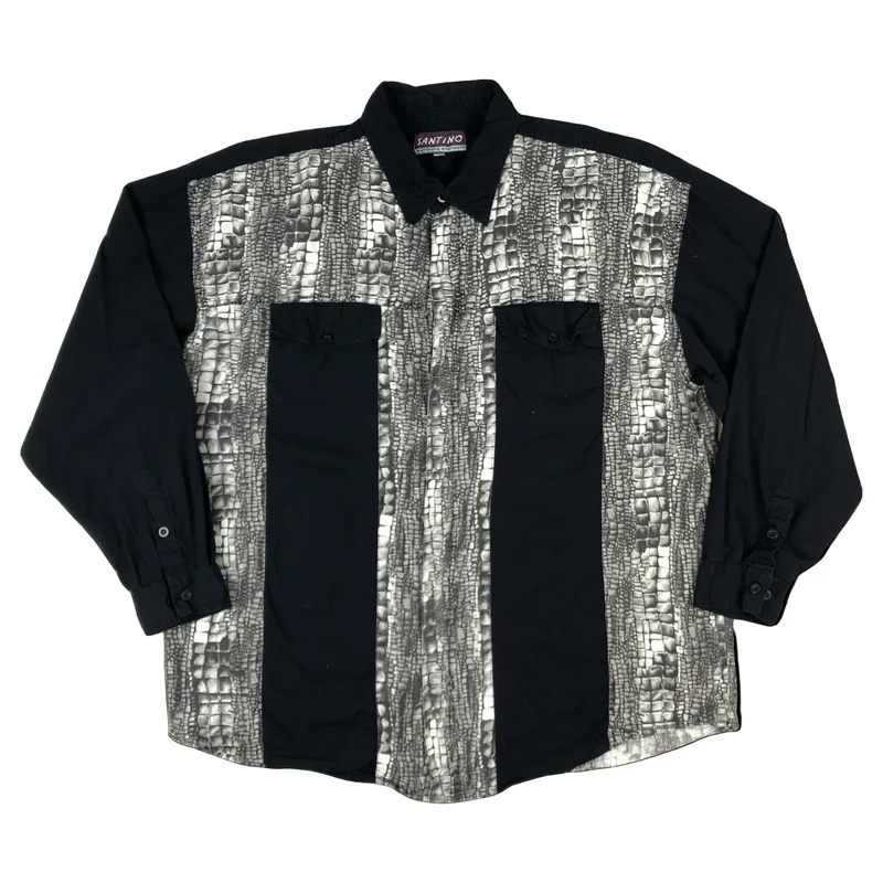 Vintage 90s Black and Grey Panelled Cotton Shirt 2XL