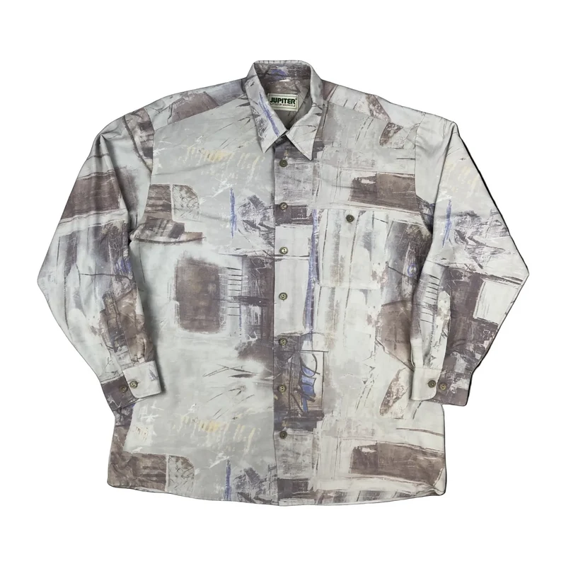 Vintage 80s Abstract Print Lilac grey Long Sleeve Shirt XL