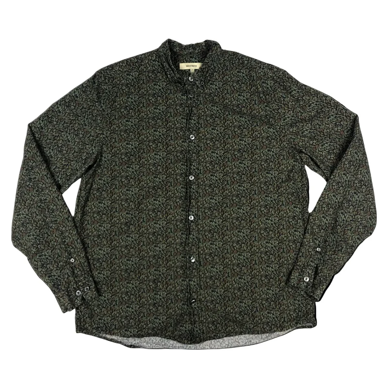 Vintage Leaf Print Black and Green Long Sleeve Shirt L