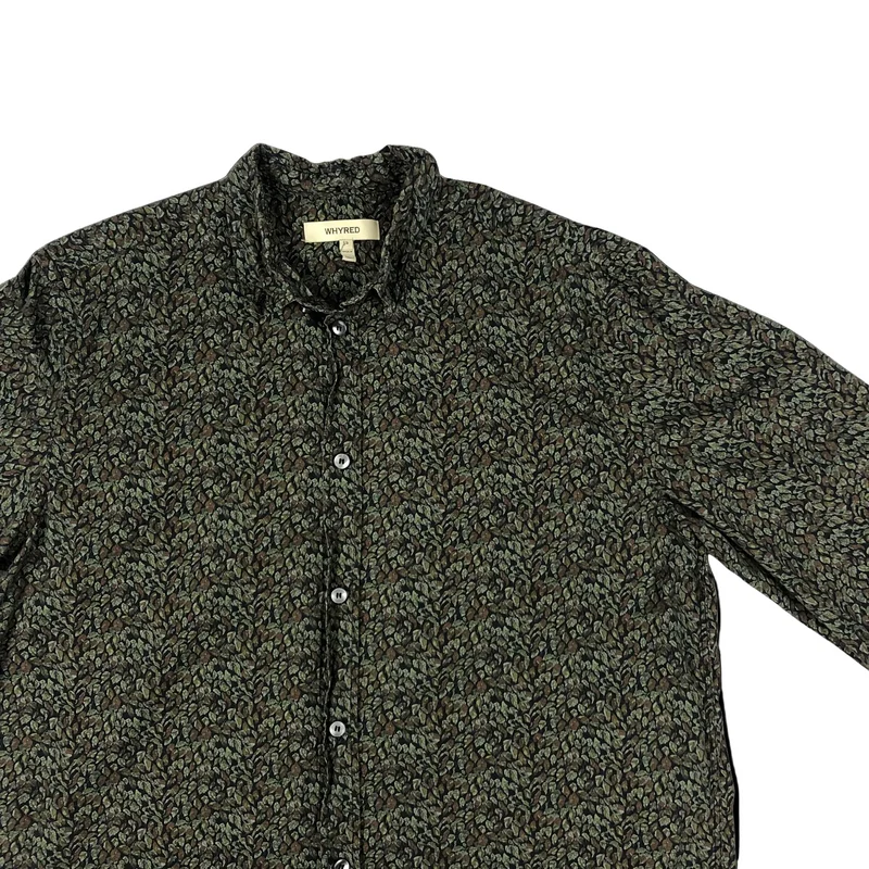 Vintage Leaf Print Black and Green Long Sleeve Shirt L