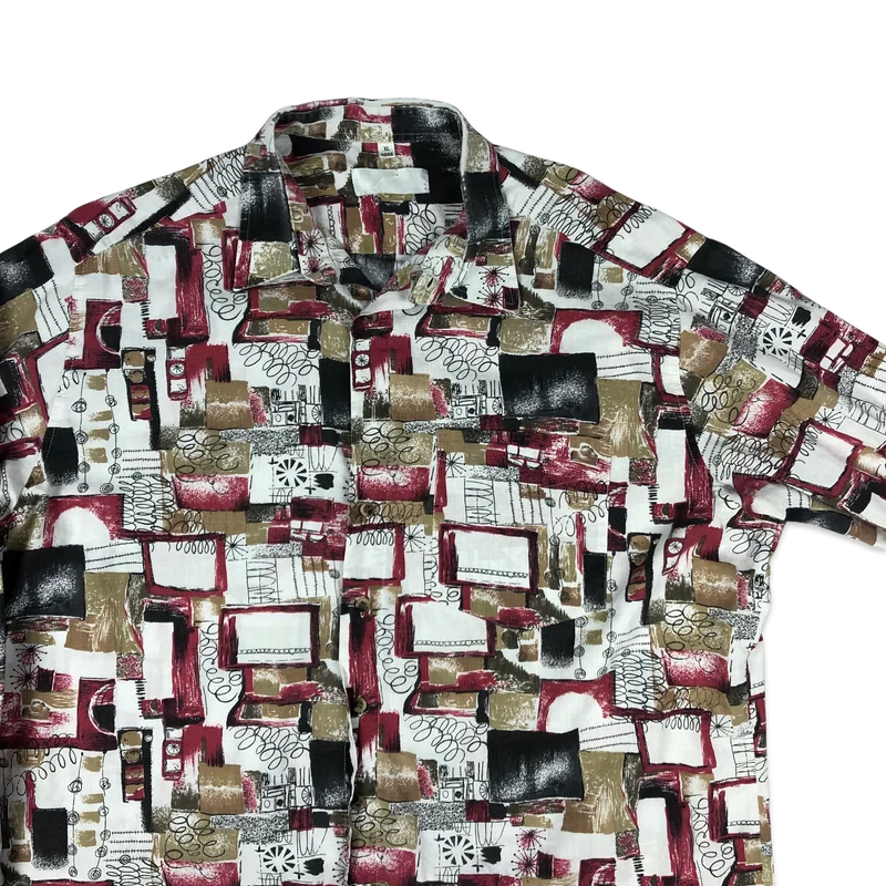 Vintage 80s Crazy Print Red and White Shirt XL