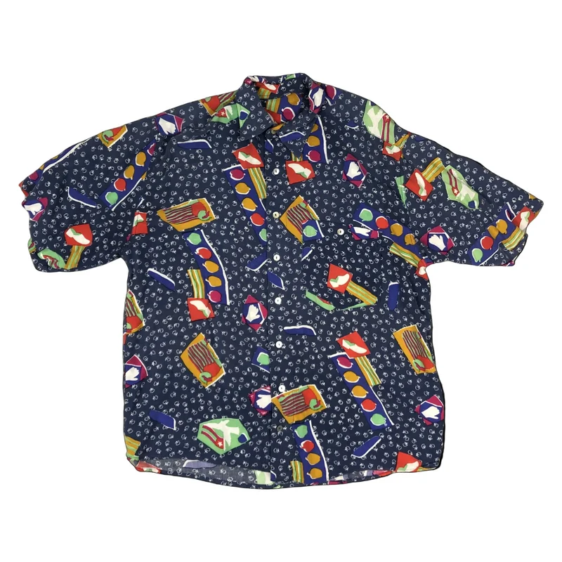 Vintage 80s Crazy Abstract Print Blue Short Sleeve Shirt XL