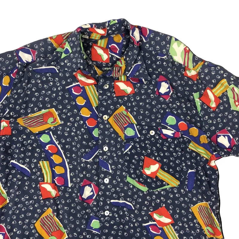 Vintage 80s Crazy Abstract Print Blue Short Sleeve Shirt XL
