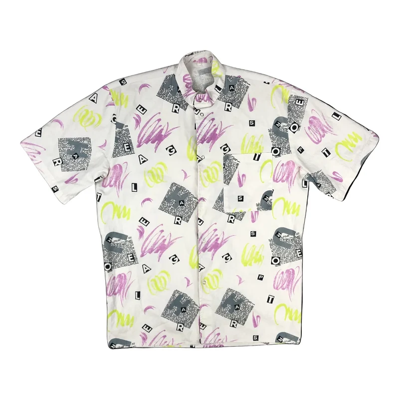 Vintage 80s Abstract Print Roundneck Snap Fastener Short Sleeve Shirt L