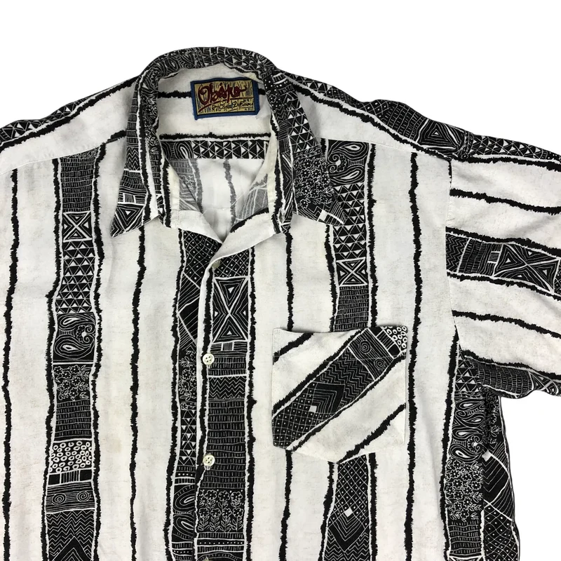 Vintage 80s Abstract Print Striped Black and White Shirt L