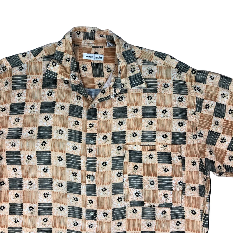 Vintage 90s Pierre Cardin Orange Black Abstract AOP Short Sleeve Casual Shirt XL