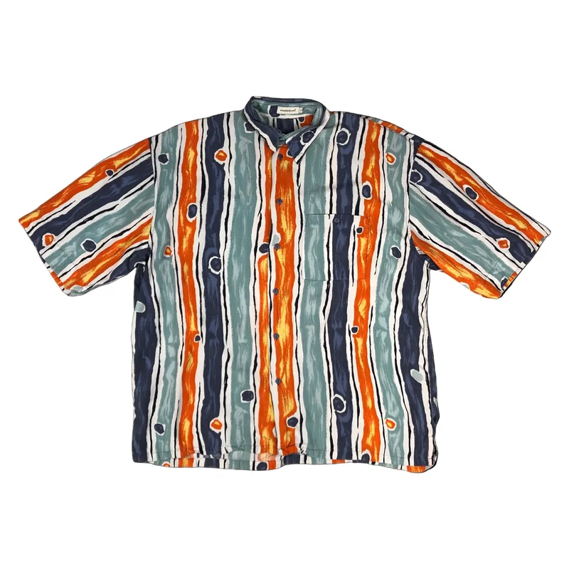 Vintage 90s Abstract Print Orange White and Blue Striped Shirt 2XL
